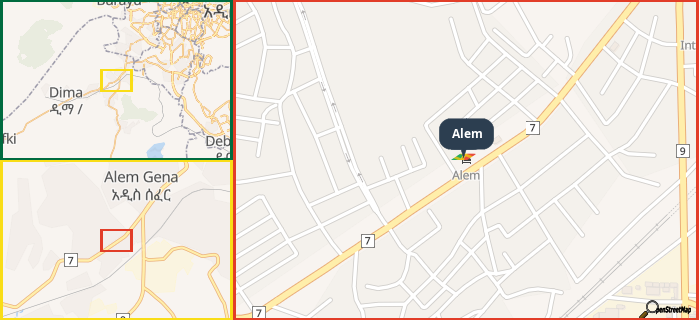 Map showing the address of Alem in three different zoom levels.