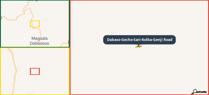 Map showing the address of Dabaso-Gecho-Sari-Kolba-Genji Road in three different zoom levels.