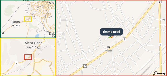 Map showing the address of Jimma Road in three different zoom levels.
