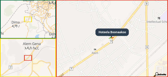 Map showing the address of Hoteela Boonaakoo in three different zoom levels.