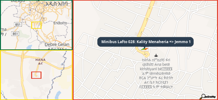 Map showing the address of Minibus Lafto 028: Kality Menaheria => Jemmo 1 in three different zoom levels.