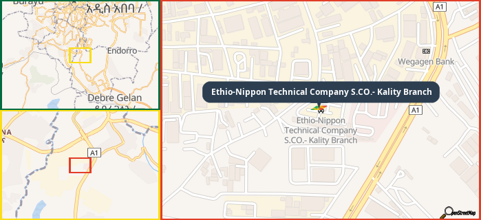 Map showing the address of Ethio-Nippon Technical Company S.CO.- Kality Branch in three different zoom levels.