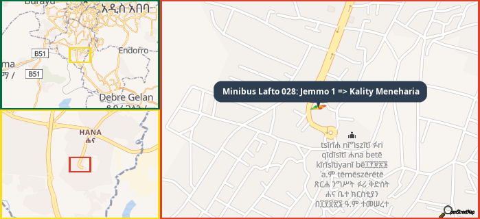 Map showing the address of Minibus Lafto 028: Jemmo 1 => Kality Meneharia in three different zoom levels.