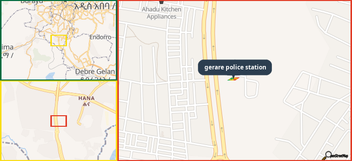 Map showing the address of gerare police station in three different zoom levels.