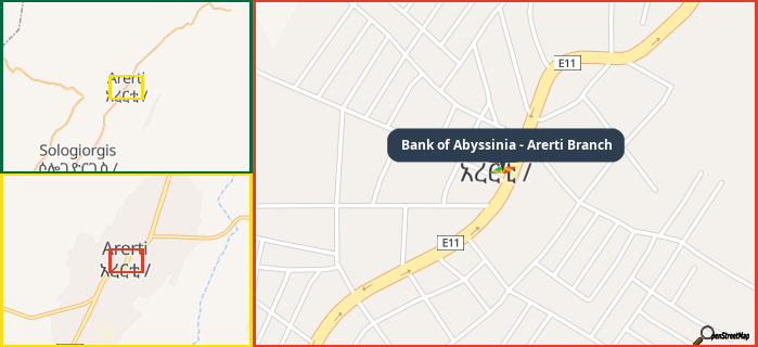 Map showing the address of Bank of Abyssinia - Arerti Branch in three different zoom levels.
