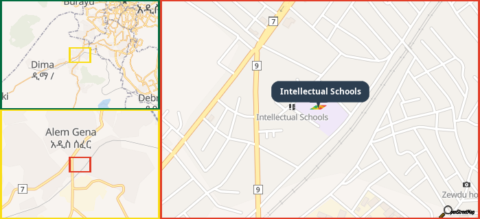 Map showing the address of Intellectual Schools in three different zoom levels.