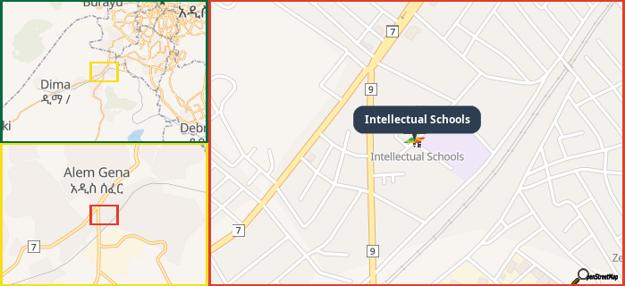 Map showing the address of Intellectual Schools in three different zoom levels.