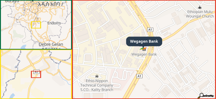 Map showing the address of Wegagen Bank in three different zoom levels.