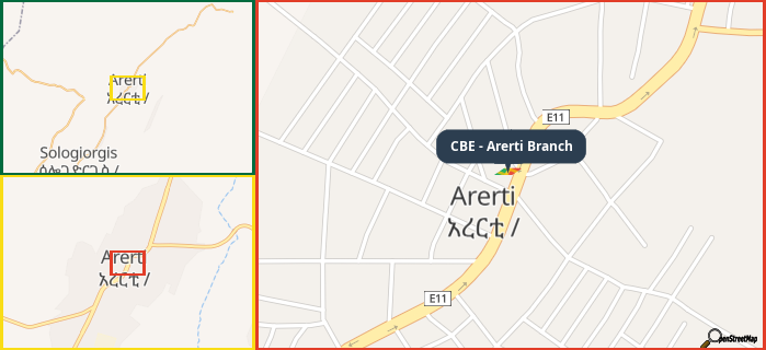 Map showing the address of CBE - Arerti Branch in three different zoom levels.