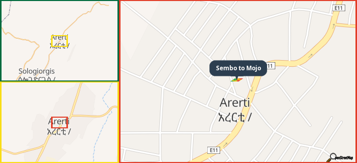 Map showing the address of Sembo to Mojo in three different zoom levels.