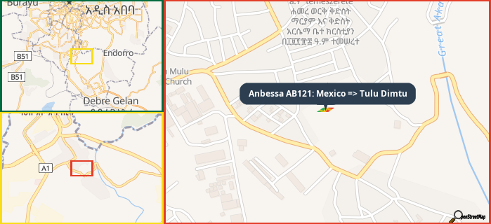 Map showing the address of Anbessa AB121: Mexico => Tulu Dimtu in three different zoom levels.