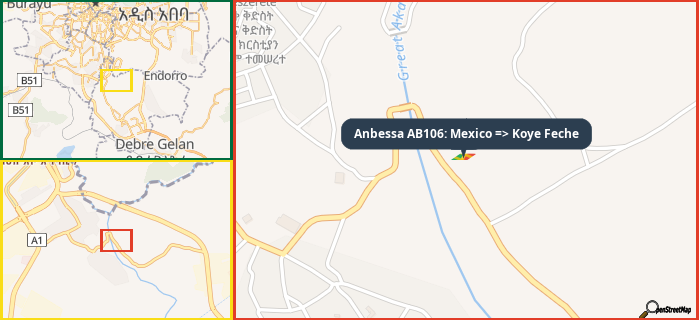 Map showing the address of Anbessa AB106: Mexico => Koye Feche in three different zoom levels.