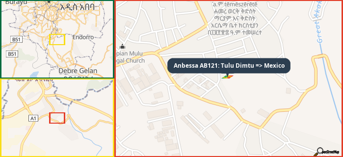 Map showing the address of Anbessa AB121: Tulu Dimtu => Mexico in three different zoom levels.