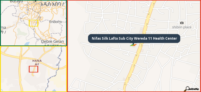 Map showing the address of Nifas Silk Lafto Sub City Wereda 11 Health Center in three different zoom levels.