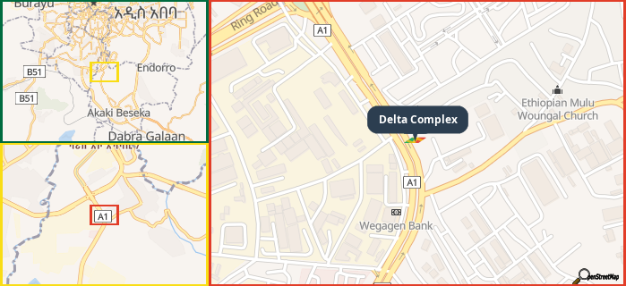 Map showing the address of Delta Complex in three different zoom levels.
