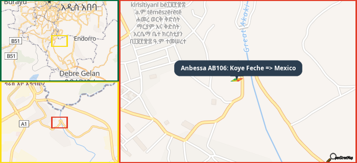 Map showing the address of Anbessa AB106: Koye Feche => Mexico in three different zoom levels.