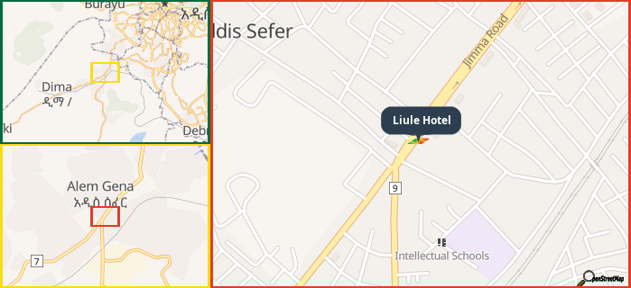 Map showing the address of Liule Hotel in three different zoom levels.