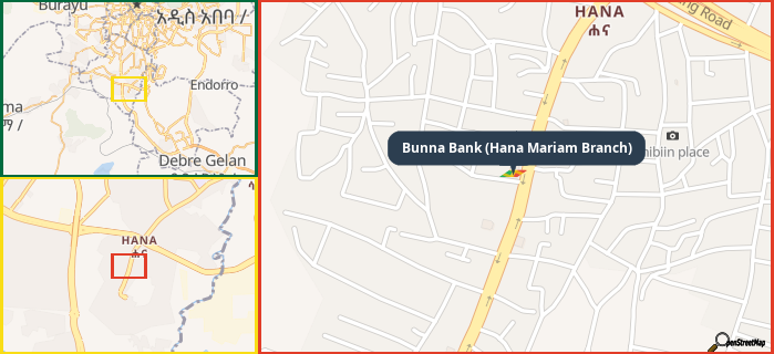 Map showing the address of Bunna Bank (Hana Mariam Branch) in three different zoom levels.