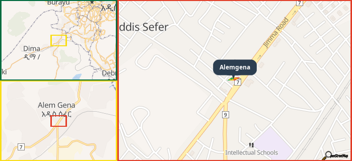 Map showing the address of Alemgena in three different zoom levels.