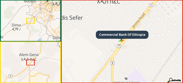 Map showing the address of Commercial Bank Of Ethiopia in three different zoom levels.