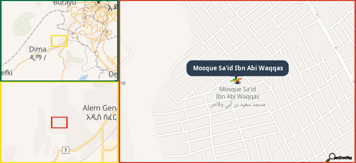 Map showing the address of Mosque Sa'id Ibn Abi Waqqas in three different zoom levels.