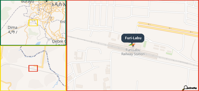 Map showing the address of Furi-Labu in three different zoom levels.