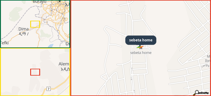 Map showing the address of sebeta home in three different zoom levels.