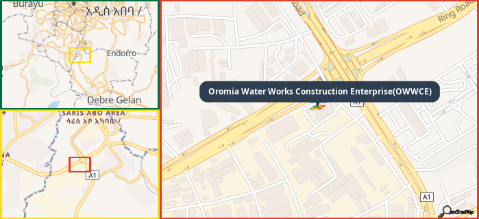 Map showing the address of Oromia Water Works Construction Enterprise(OWWCE) in three different zoom levels.