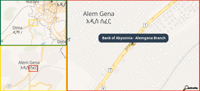 Map showing the address of Bank of Abyssinia - Alemgena Branch in three different zoom levels.