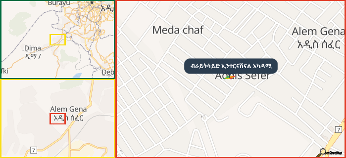 Map showing the address of ብራይትሳይድ ኢንተርናሽናል አካዳሚ in three different zoom levels.