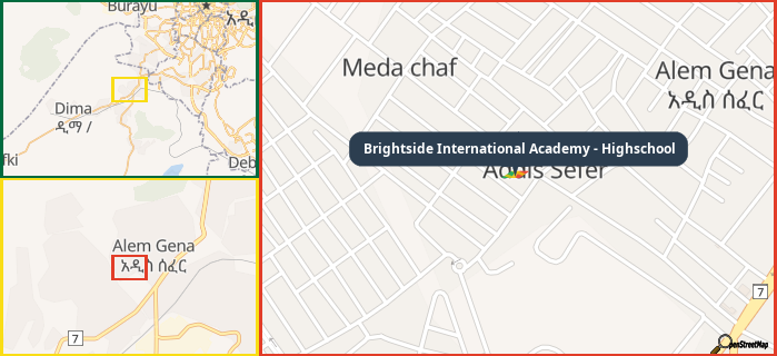 Map showing the address of Brightside International Academy - Highschool in three different zoom levels.