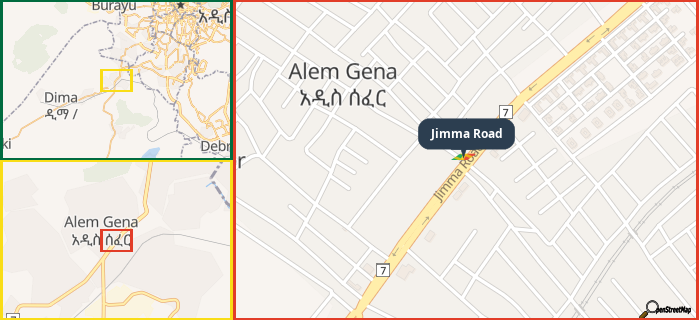 Map showing the address of Jimma Road in three different zoom levels.