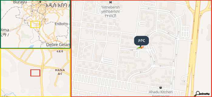 Map showing the address of ታቦር in three different zoom levels.
