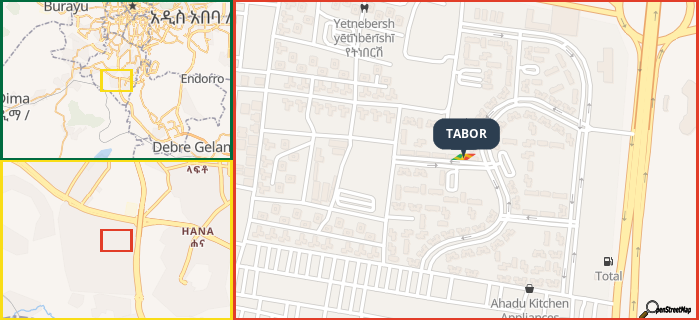 Map showing the address of TABOR in three different zoom levels.