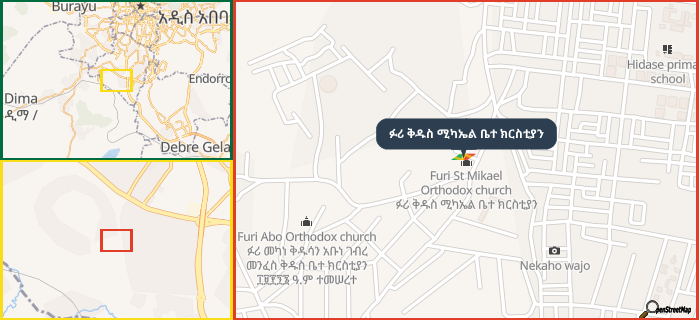 Map showing the address of ፉሪ ቅዱስ ሚካኤል ቤተ ክርስቲያን in three different zoom levels.