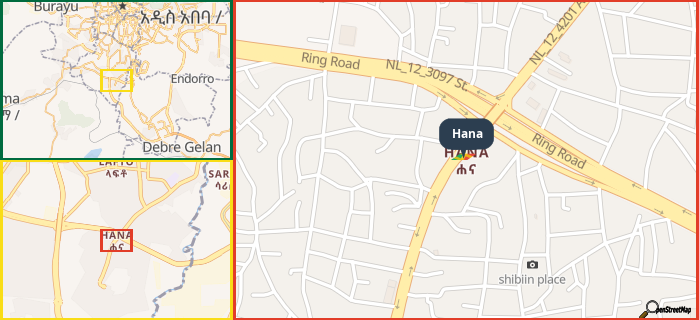 Map showing the address of Hana in three different zoom levels.