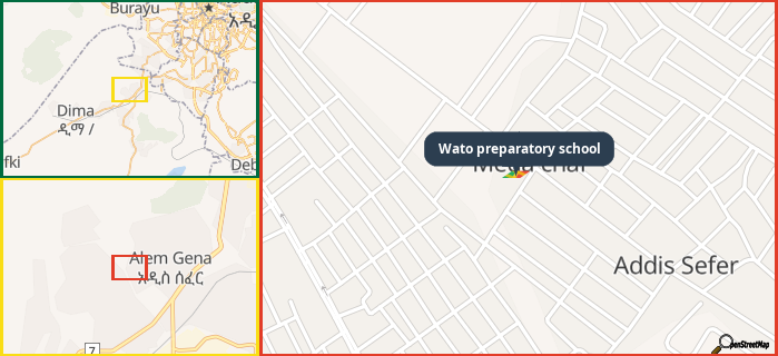 Map showing the address of Wato preparatory school in three different zoom levels.