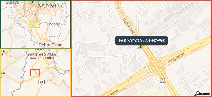 Map showing the address of ፀሐይ ኢንሹራንስ ቃሊቲ ቅርንጫፍ in three different zoom levels.