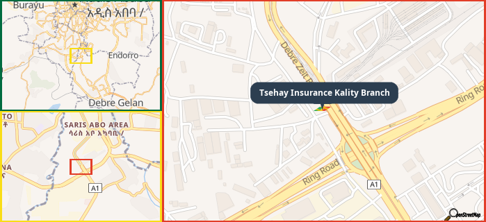 Map showing the address of Tsehay Insurance Kality Branch in three different zoom levels.