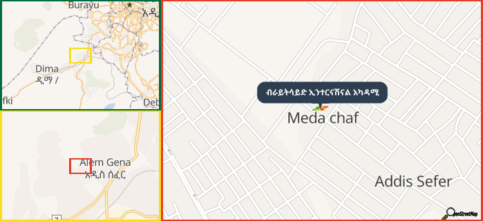 Map showing the address of ብራይትሳይድ ኢንተርናሽናል አካዳሚ in three different zoom levels.