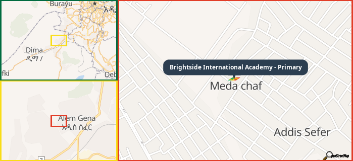 Map showing the address of Brightside International Academy - Primary in three different zoom levels.