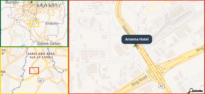 Map showing the address of Arsema Hotel in three different zoom levels.