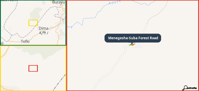 Map showing the address of Menegesha-Suba Forest Road in three different zoom levels.
