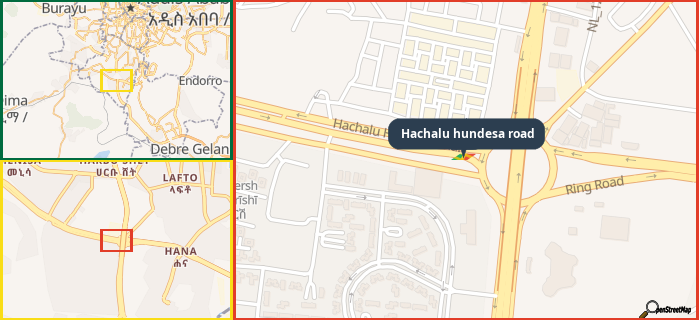 Map showing the address of Hachalu hundesa road in three different zoom levels.