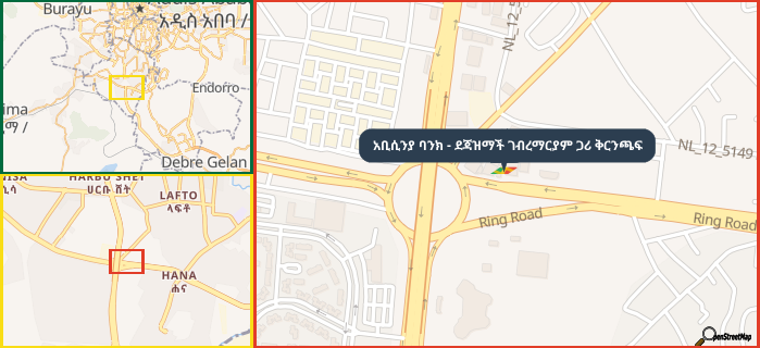 Map showing the address of አቢሲንያ ባንክ - ደጃዝማች ገብረማርያም ጋሪ ቅርንጫፍ in three different zoom levels.