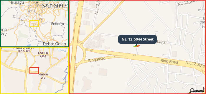 Map showing the address of NL_12_5044 Street in three different zoom levels.