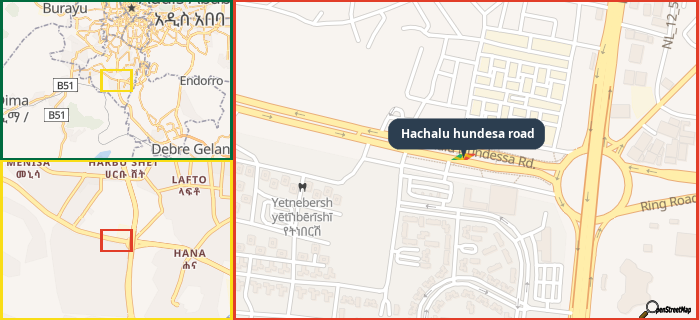 Map showing the address of Hachalu hundesa road in three different zoom levels.