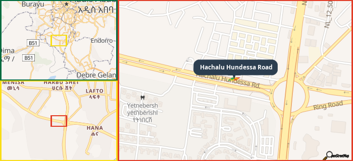 Map showing the address of Hachalu Hundessa Road in three different zoom levels.