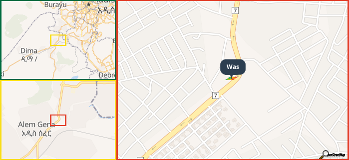 Map showing the address of Was in three different zoom levels.