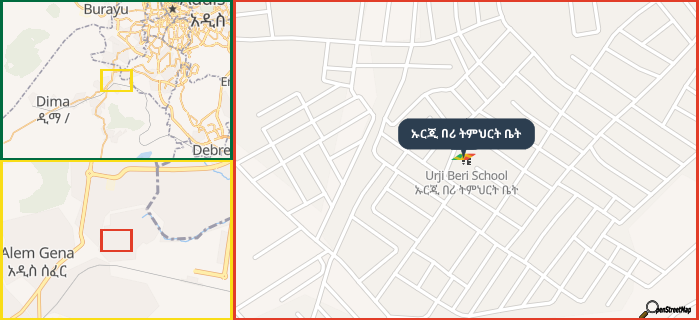 Map showing the address of ኡርጂ በሪ ትምህርት ቤት in three different zoom levels.